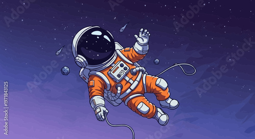 Astronaut floating in space cartoon style with stars and planets background