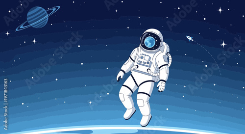 Astronaut floating in space illustration with planets and stars design