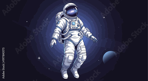 Astronaut floating in space illustration with planets and stars