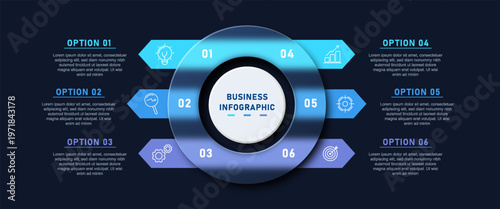 Professional blue business infographic template featuring six options, steps, or workflow elements with circular center design.