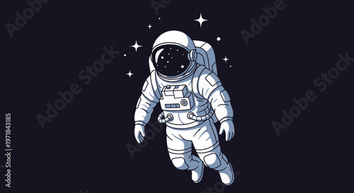Astronaut floating in space illustration with stars and dark background