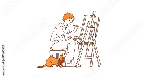 Artist painting on easel with a curious ferret watching