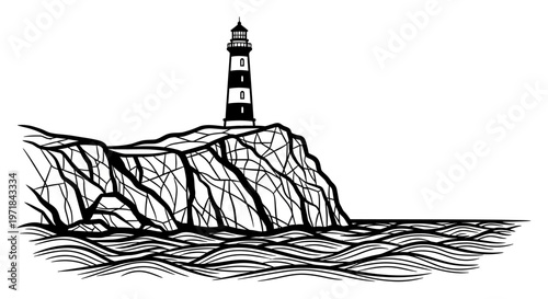 Black and white lighthouse on rocky cliff by ocean waves