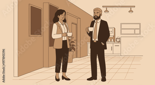 Business colleagues conversing with coffee cups in office breakroom