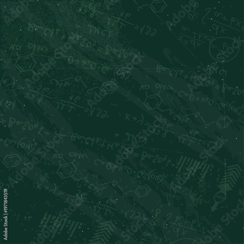 数式と科学記号が散りばめられた深緑の抽象背景、教育や研究をイメージした知的で神秘的なテクスチャデザイン