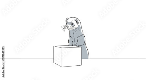 Cute ferret standing curious behind a blank white cube