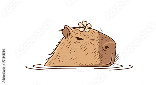 Cute capybara with flower floating in water illustration