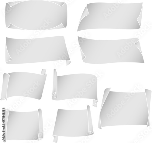立体的な陰影と折れ曲がり表現が美しい白い紙のバナー素材セット、空白スペース付きのミニマルデザイン背景イラスト