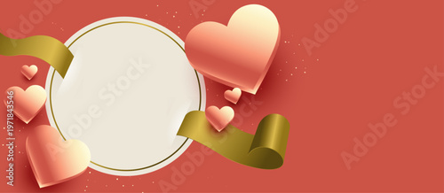 ハートモチーフとゴールドリボンが彩る華やかなバレンタイン背景、温かみのある赤色ベースの装飾フレームデザイン素材
