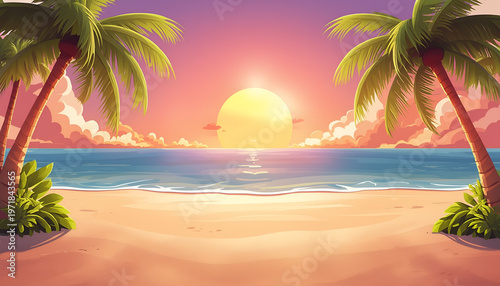 Beach landscape displays a vibrant sunset over the calm ocean waves with lush tropical palm trees framing the scene perfectly while providing plenty of clear space for custom graphic text overlays.