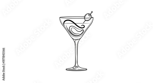 Elegant line art drawing of a martini glass with olive garnish