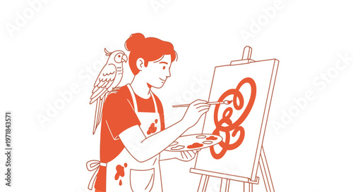 Female artist painting on an easel with her pet parrot