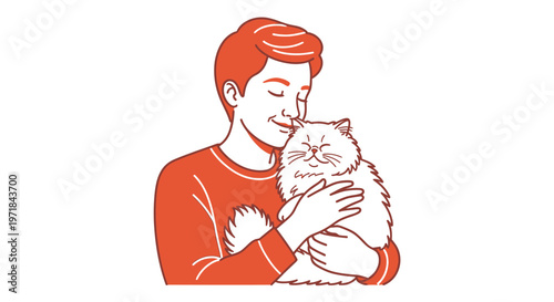 Happy man hugging a fluffy cat with closed eyes