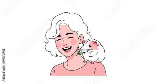 Happy woman with guinea pig eating leaf on her shoulder