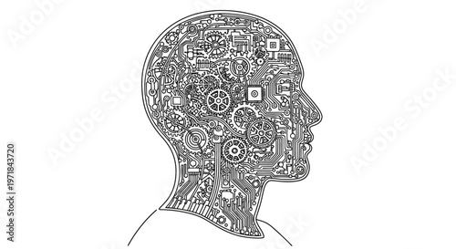 Human head outline filled with circuit board and gears