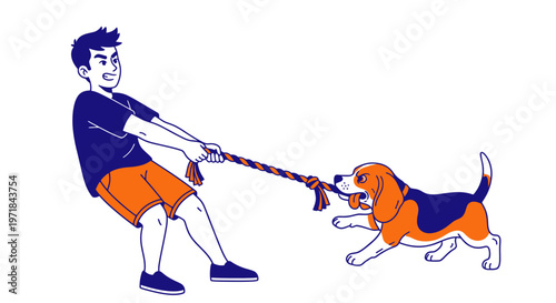 Man and beagle dog playing tug-of-war with rope toy