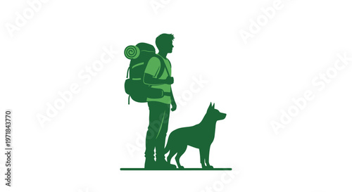 Man hiker with backpack and dog green silhouette