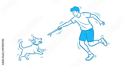 Man playing fetch with happy dog using a stick