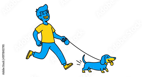 Man runs with happy dachshund dog on leash