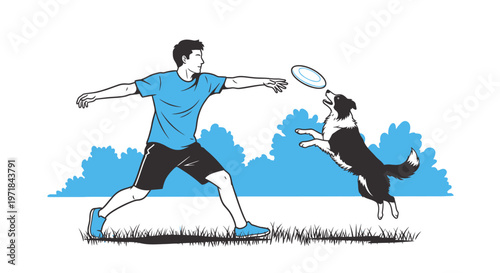 Man playing frisbee with happy jumping dog outdoors