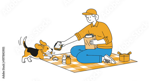 Person feeding sandwich to beagle puppy at outdoor picnic