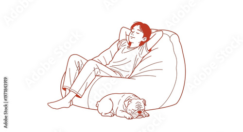 Person relaxing on bean bag with sleeping bulldog