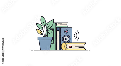 Books and speaker with plant.