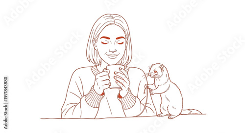 Relaxed woman holding mug with curious ferret line illustration