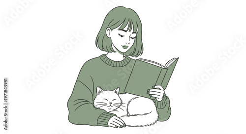 Relaxed woman reading a book with sleeping cat