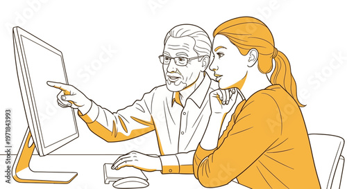 Senior man teaching young woman using computer monitor