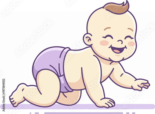 Baby crawling on purple mat.