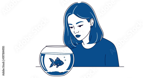 Thoughtful woman looks at small fish in simple round fishbowl