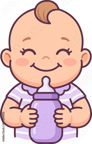 Baby Holding Purple Bottle.
