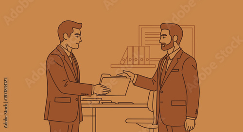 Two businessmen exchanging documents in an office.