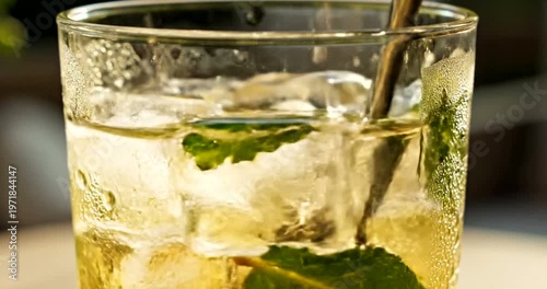 Refreshing Mojito Drink with Ice Cubes.