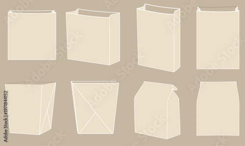 シンプルで汎用性の高い紙袋パッケージの展開バリエーションセット、クラフト風カラーで表現したショッピングバッグと食品用袋の立体フォルムコレクション素材
