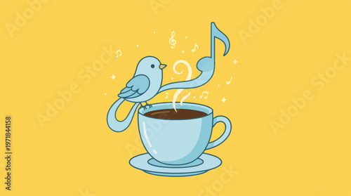 Bird Sings Over Coffee Cup.