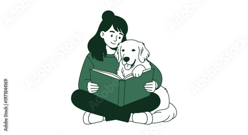 Woman and dog sitting together reading a book calmly