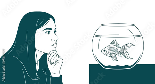 Woman contemplating goldfish in a glass fishbowl.