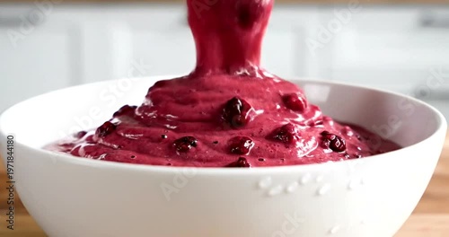 Red berry puree in white bowl.