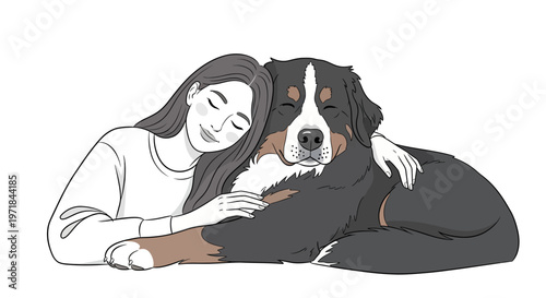 Woman embracing a large Bernese Mountain Dog lovingly