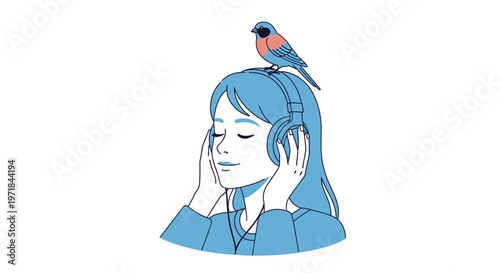 Woman enjoying music with bird on her head peacefully