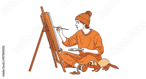 Young artist painting on easel with pet ferret