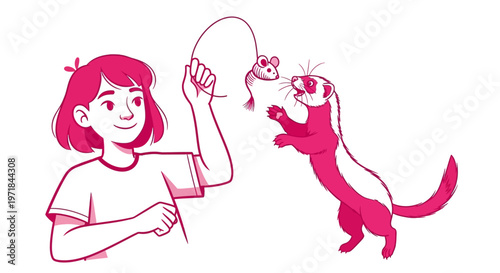 Young girl playing with pet ferret using a mouse toy