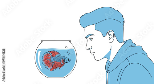 Young man observing red Betta fish in a bowl