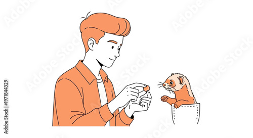 Young man feeding small pet ferret from shirt pocket