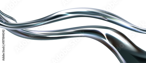 滑らかに流れるクローム調のメタリック液体が描く未来的で高級感のある抽象背景イラスト
