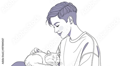 Young person gently petting a sleeping cat illustration