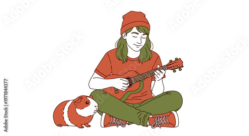 Young person playing ukulele with guinea pig pet