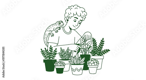 Young person pruning potted plants with pet gecko illustration